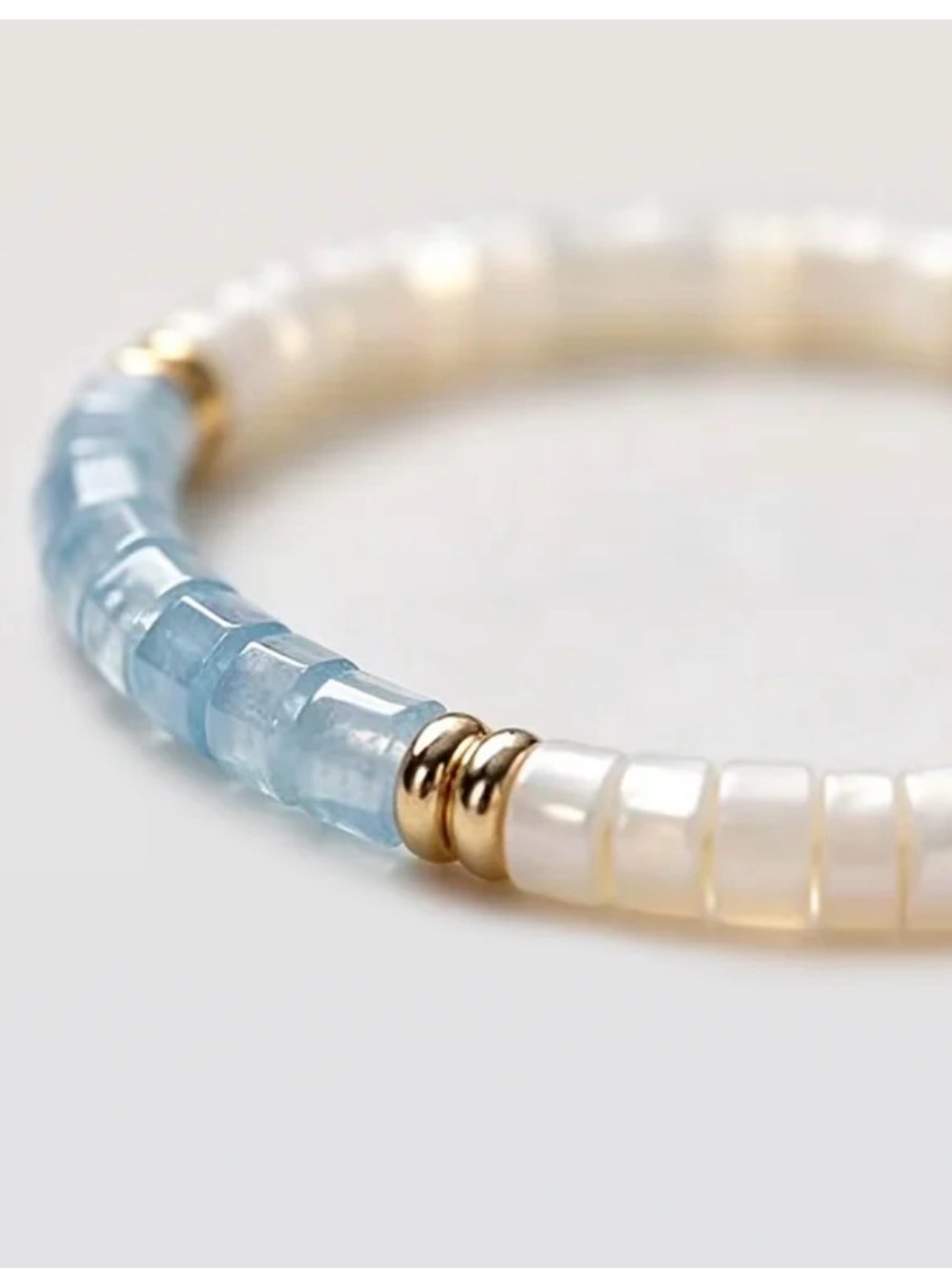 Elegant Blue White natural shell Beaded Stretch Bracelet with 14k Gold Accents